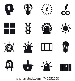 16 vector icon set : bulb head, bulb brain, lightning, infinity power, window, sun, disco ball, alarm, clean  window