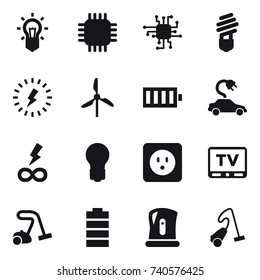 16 vector icon set : bulb, chip, lightning, windmill, battery, electric car, infinity power, power socket, tv, vacuum cleaner, kettle