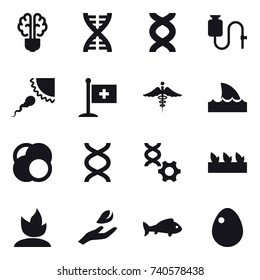 16 vector icon set : bulb brain, dna, shark flipper, seedling, sprouting, hand leaf, fish, egg