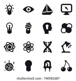 16 vector icon set : bulb, eye, boat, monitor arrow, bulb head, atom core, atom, dna, table lamp, disco ball, cherry