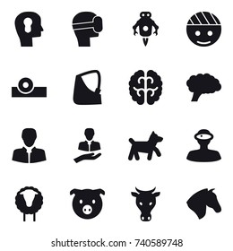 16 vector icon set : bulb head, virtual mask, jet robot, dog, sheep, pig, cow, horse