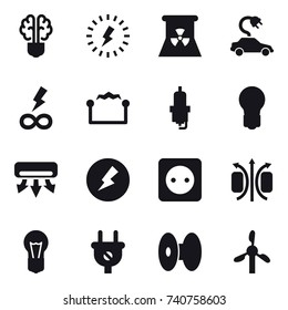 16 vector icon set : bulb brain, lightning, nuclear power, electric car, infinity power, electrostatic, spark plug, bulb, air conditioning, electricity, socket
