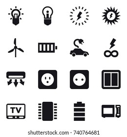 16 vector icon set : bulb, lightning, sun power, windmill, battery, electric car, infinity power, air conditioning, power socket, power switch, tv