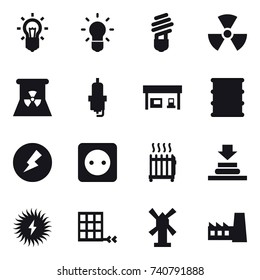 16 vector icon set : bulb, nuclear, nuclear power, spark plug, gas station, electricity, power socket, radiator, windmill, factory