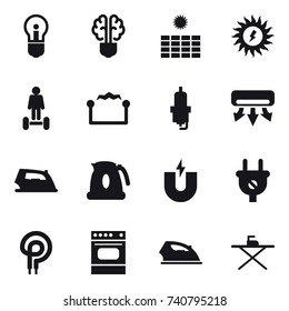 16 vector icon set : bulb, bulb brain, sun power, hoverboard, electrostatic, spark plug, air conditioning, iron, kettle, iron board