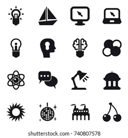 16 vector icon set : bulb, boat, monitor arrow, notebook, bulb head, bulb brain, atom core, atom, discussion, table lamp, goverment house, sun, disco ball, cherry
