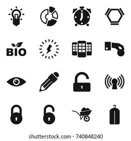 16 vector icon set : bulb, circle diagram, alarm clock, hex molecule, bio, lightning, server, hand coin, pencil, unlock, wheelbarrow, dry wash