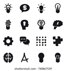16 vector icon set : bulb, money message, bulb head, bulb brain, brain, gear, discussion, chip, puzzle, draw compass