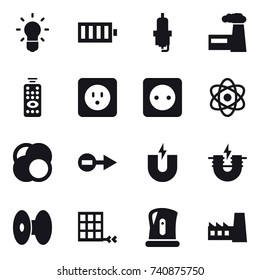 16 vector icon set : bulb, battery, spark plug, factory, remote control, power socket, kettle