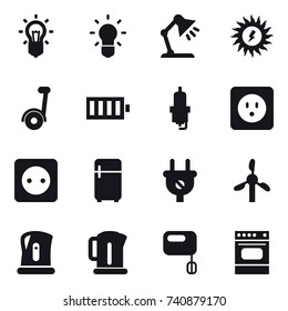 16 vector icon set : bulb, table lamp, sun power, battery, spark plug, power socket, fridge, kettle