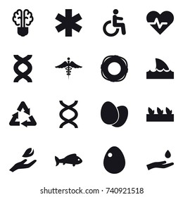 16 vector icon set : bulb brain, lifebuoy, shark flipper, seedling, hand leaf, fish, egg, hand and drop