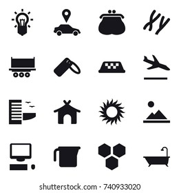 16 vector icon set : bulb, car pointer, purse, taxi, arrival, hotel, bungalow, sun, landscape, measuring cup, honeycombs, bath