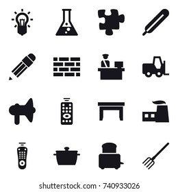 16 vector icon set : bulb, flask, puzzle, pencil, brick wall, loudspeaker, remote control, table, pan, fork