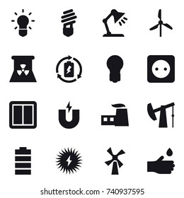 16 vector icon set : bulb, table lamp, windmill, nuclear power, battery charge, power socket, power switch, hand drop