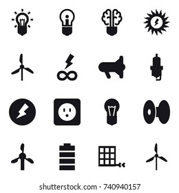 16 vector icon set : bulb, bulb brain, sun power, windmill, infinity power, megafon, spark plug, electricity, power socket