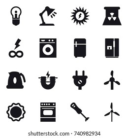 16 vector icon set : bulb, table lamp, sun power, nuclear power, infinity power, washing machine, fridge, kettle, windmill