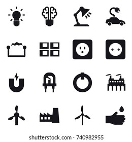 16 vector icon set : bulb, bulb brain, table lamp, electric car, electrostatic, panel house, power socket, factory, windmill, hand drop