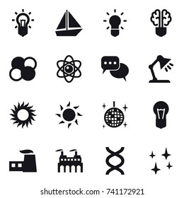 16 vector icon set : bulb, boat, bulb brain, atom core, atom, discussion, table lamp, sun, disco ball, shining