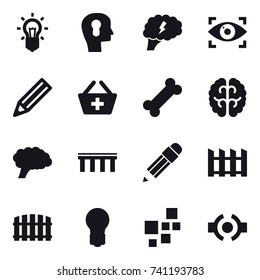16 vector icon set : bulb, bulb head, brain, eye identity, pencil, add to basket, bridge, fence