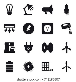 16 vector icon set : bulb, table lamp, megafon, spark plug, air conditioning, electricity, power socket, mixer, coffee maker, windmill