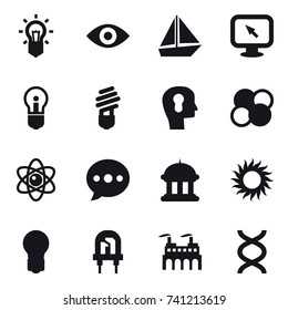 16 vector icon set : bulb, eye, boat, monitor arrow, bulb head, atom core, atom, ballon, goverment house, sun