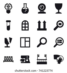 16 vector icon set : bulb brain, round flask, web cam, wineglass, arch window, window, skyscapers cleaning, wiping