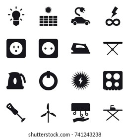 16 vector icon set : bulb, sun power, electric car, infinity power, power socket, iron, iron board, kettle, windmill, hand dryer