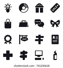 16 vector icon set : bulb, circle diagram, gift, sale, shopping bag, discussion, bow, medal, shop signboard, singlepost, signpost, toilet cleanser