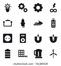 16 vector icon set : bulb, gear, infinity power, electrostatic, spark plug, jet ski, remote control, power socket, speaker, kettle, windmill