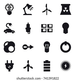 16 vector icon set : bulb brain, table lamp, windmill, nuclear power, electric car, spark plug, panel house, bulb