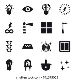 16 vector icon set : bulb, eye, bulb brain, lightning, infinity power, lighthouse, window, outdoor light, taxi, disco ball, power switch, shining