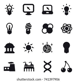16 vector icon set : bulb, monitor arrow, notebook, atom core, atom, goverment house, sun, disco ball, cherry