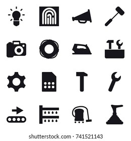 16 vector icon set : bulb, fingerprint, loudspeaker, camera, lifebuoy, iron, repair tools, watering, vacuum cleaner, plunger