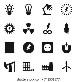 16 vector icon set : bulb, table lamp, lightning, sun power, nuclear, infinity power, spark plug, electricity, power socket, factory, windmill