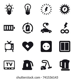 16 vector icon set : bulb, lightning, sun power, battery, battery charge, electric car, infinity power, tv, power socket, power switch, kettle, vacuum cleaner