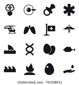16 vector icon set : bulb brain, cell corection, nipple, shark flipper, seedling, sprouting, egg, hand and drop
