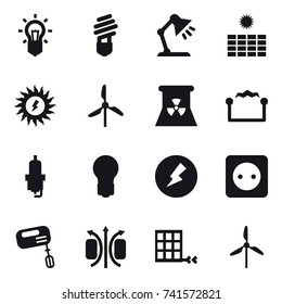 16 vector icon set : bulb, table lamp, sun power, windmill, nuclear power, electrostatic, spark plug, electricity, power socket, mixer