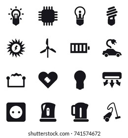 16 vector icon set : bulb, chip, sun power, windmill, battery, electric car, electrostatic, air conditioning, power socket, kettle, vacuum cleaner