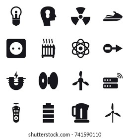 16 vector icon set : bulb, bulb head, nuclear, jet ski, power socket, radiator, kettle, windmill