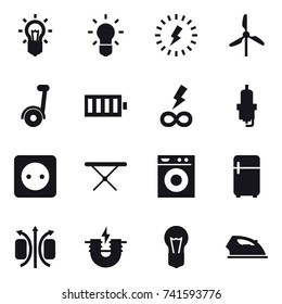 16 vector icon set : bulb, lightning, windmill, segway, battery, infinity power, spark plug, power socket, iron board, washing machine, fridge, iron