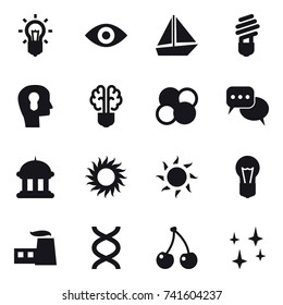 16 vector icon set : bulb, eye, boat, bulb head, bulb brain, atom core, discussion, goverment house, sun, cherry, shining