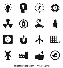 16 vector icon set : bulb, bulb head, lightning, sun power, nuclear, battery charge, electric car, spark plug, power socket, windmill, factory, hand drop, ecology