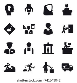 16 vector icon set : bulb head, jet robot, under construction, architecture, detector, inspector, surfer, vacuum cleaner, garbage bin, home call cleaning