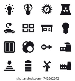 16 vector icon set : bulb, bulb brain, sun power, nuclear power, electric car, panel house, gas station, power switch, windmill, factory