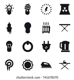 16 vector icon set : bulb, lightning, nuclear power, spark plug, radiator, iron board, kettle, iron