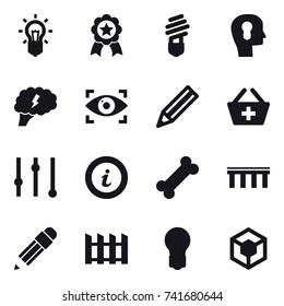 16 vector icon set : bulb, medal, bulb head, brain, eye identity, pencil, add to basket, equalizer, info, bridge, fence