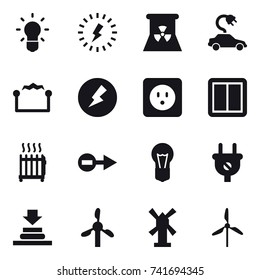 16 vector icon set : bulb, lightning, nuclear power, electric car, electrostatic, electricity, power socket, power switch, radiator, windmill