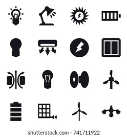 16 vector icon set : bulb, table lamp, sun power, battery, air conditioning, electricity, power switch, windmill, hard reach place cleaning