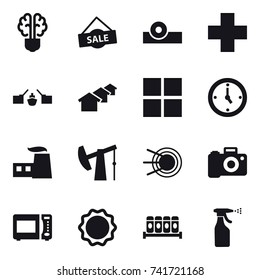 16 vector icon set : bulb brain, sale, drawbridge, houses, window, watch, sprayer