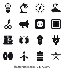 16 vector icon set : bulb, table lamp, lightning, electric car, infinity power, megafon, power socket, power switch, coffee maker, iron board